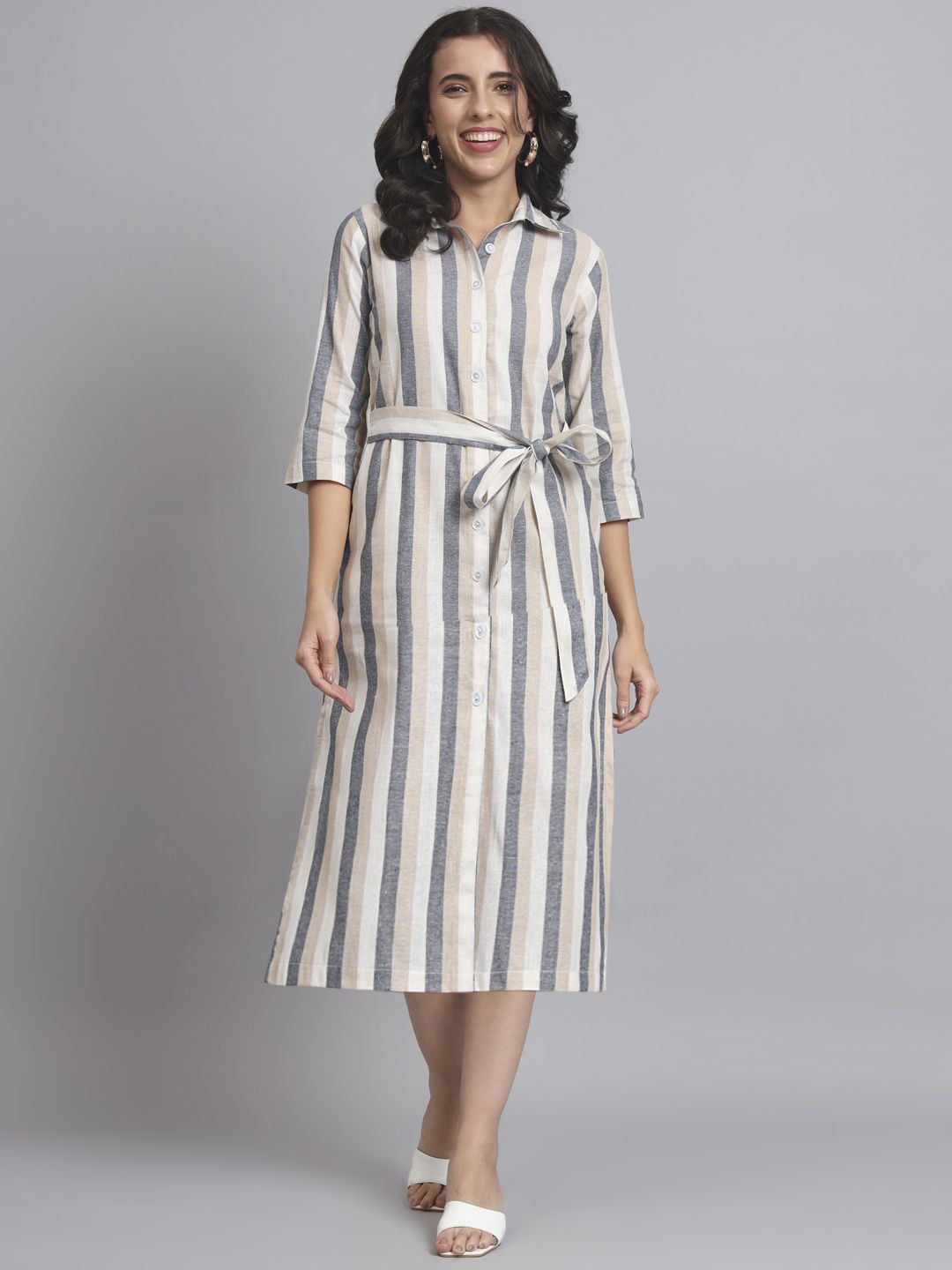 REBERRY Women Striped Shirt Cotton Midi Dress