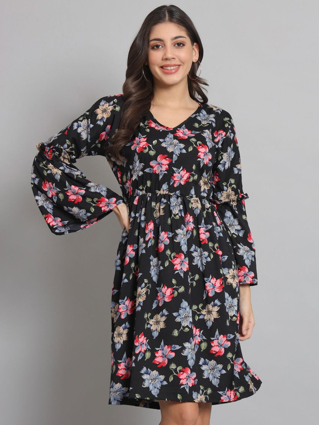 REBERRY Women Floral Print Bell Sleeve Fit & Flare Dress