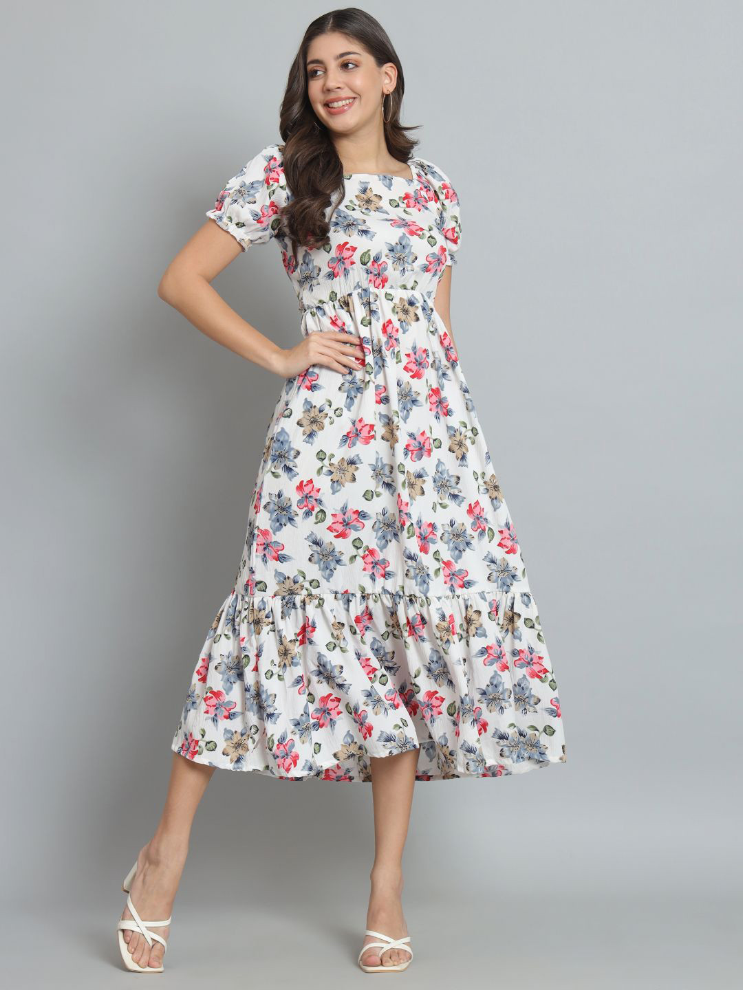 REBERRY Women Floral Printed Puff Sleeve Fit & Flare Midi Dress