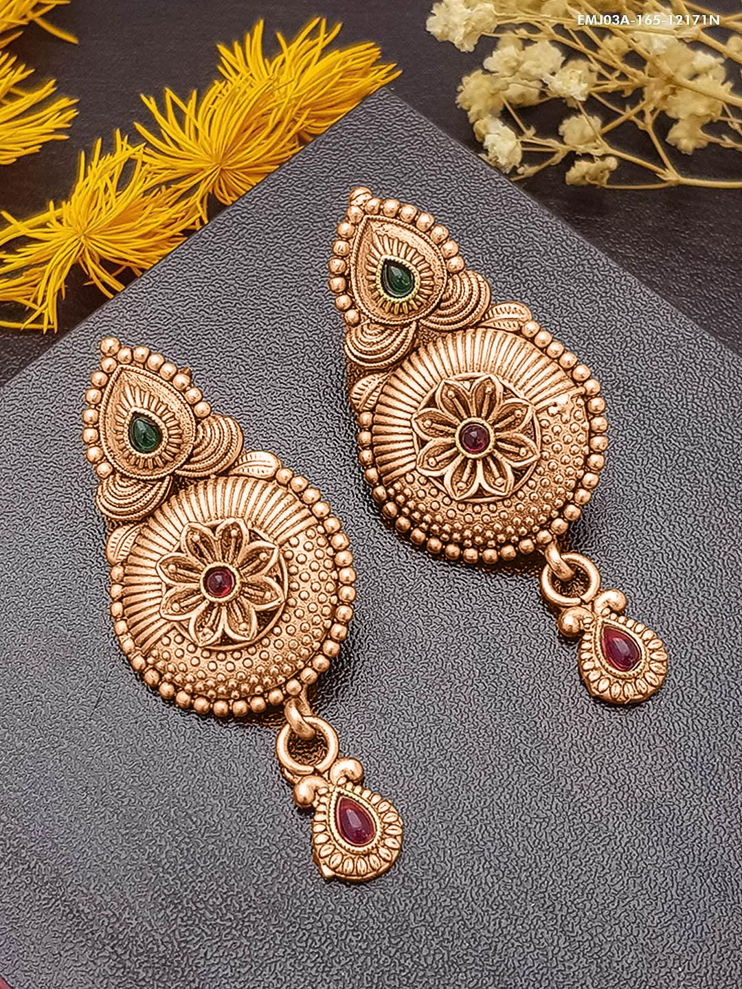 GRIIHAM Gold-Plated Contemporary American Diamond Temple design Drop Earrings