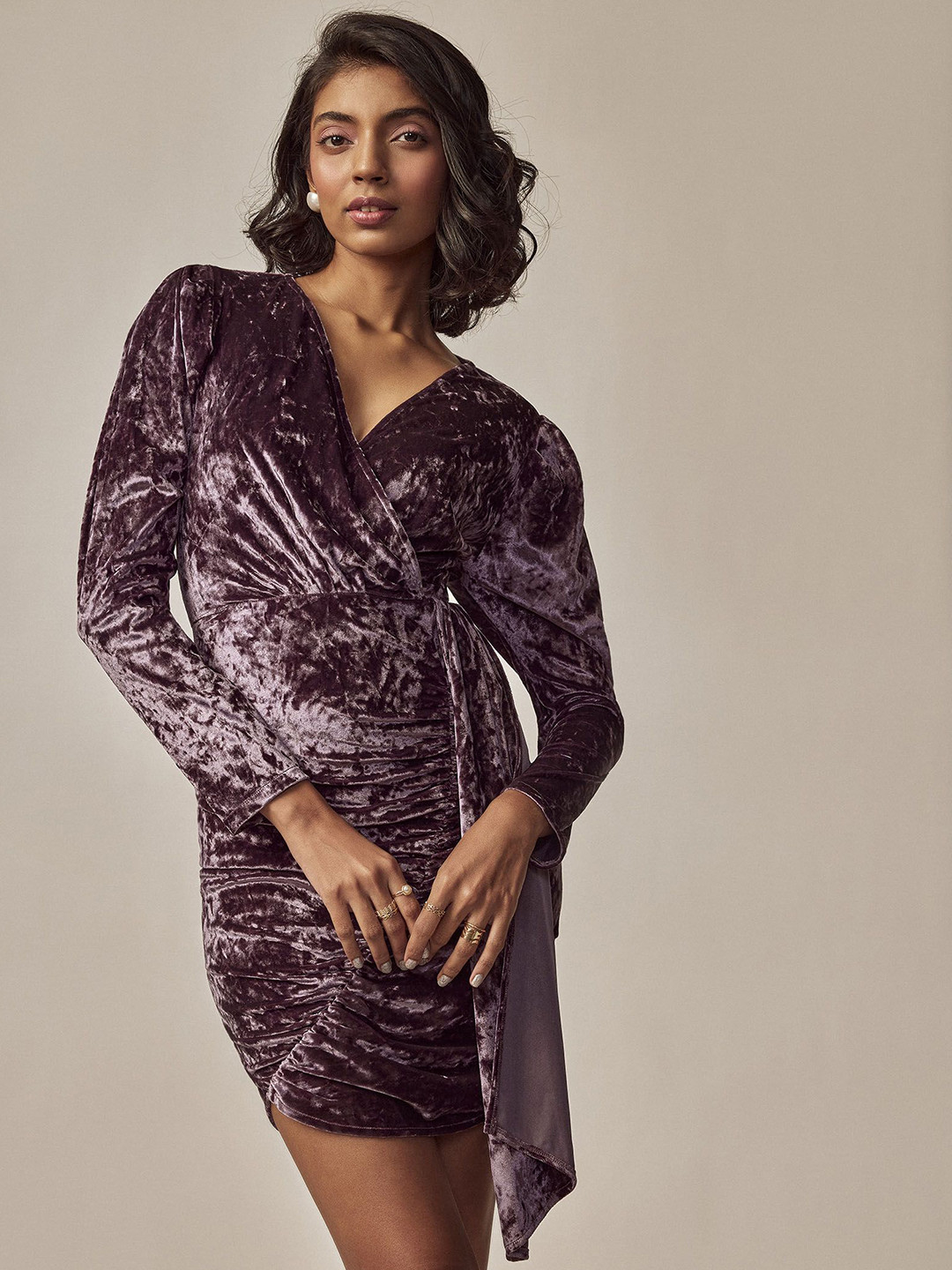 The Label Life Women Lilac Velvet Overlap Drape Wrap Dress