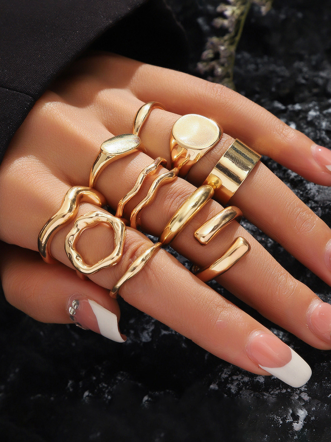 Jewels Galaxy Set Of 10 Gold-Plated Adjustable Finger Ring