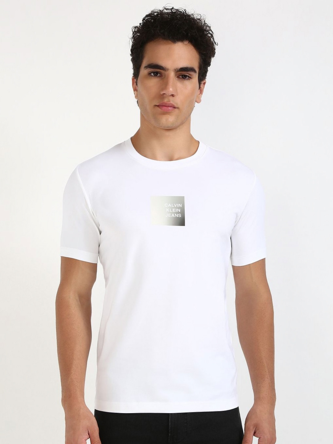 Calvin Klein Jeans Men AR -METALLIC Typography Printed Round Neck Cotton T-shirt