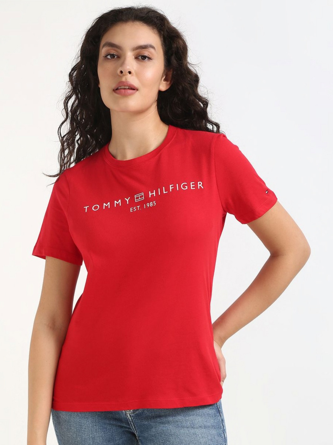 Tommy Hilfiger Women C-NK SS Typography Printed Round Neck Cotton T-shirt