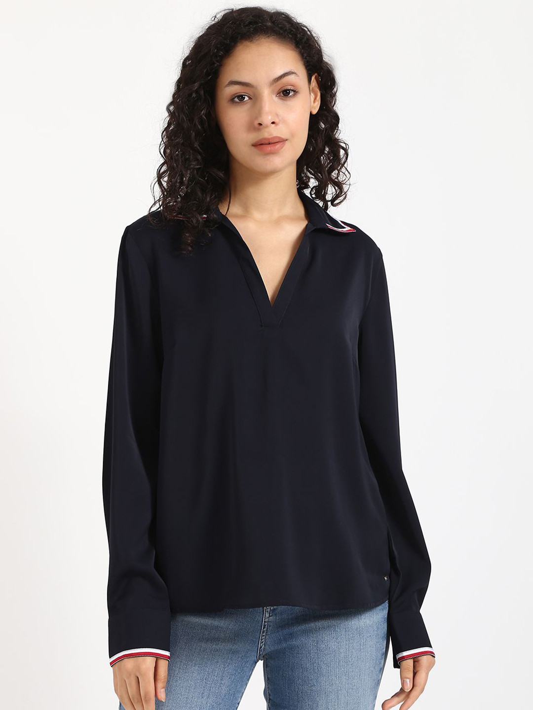 Tommy Hilfiger Women POPOVER BLOUSE Solid Puff Sleeves V-Neck Casual T-Shirt