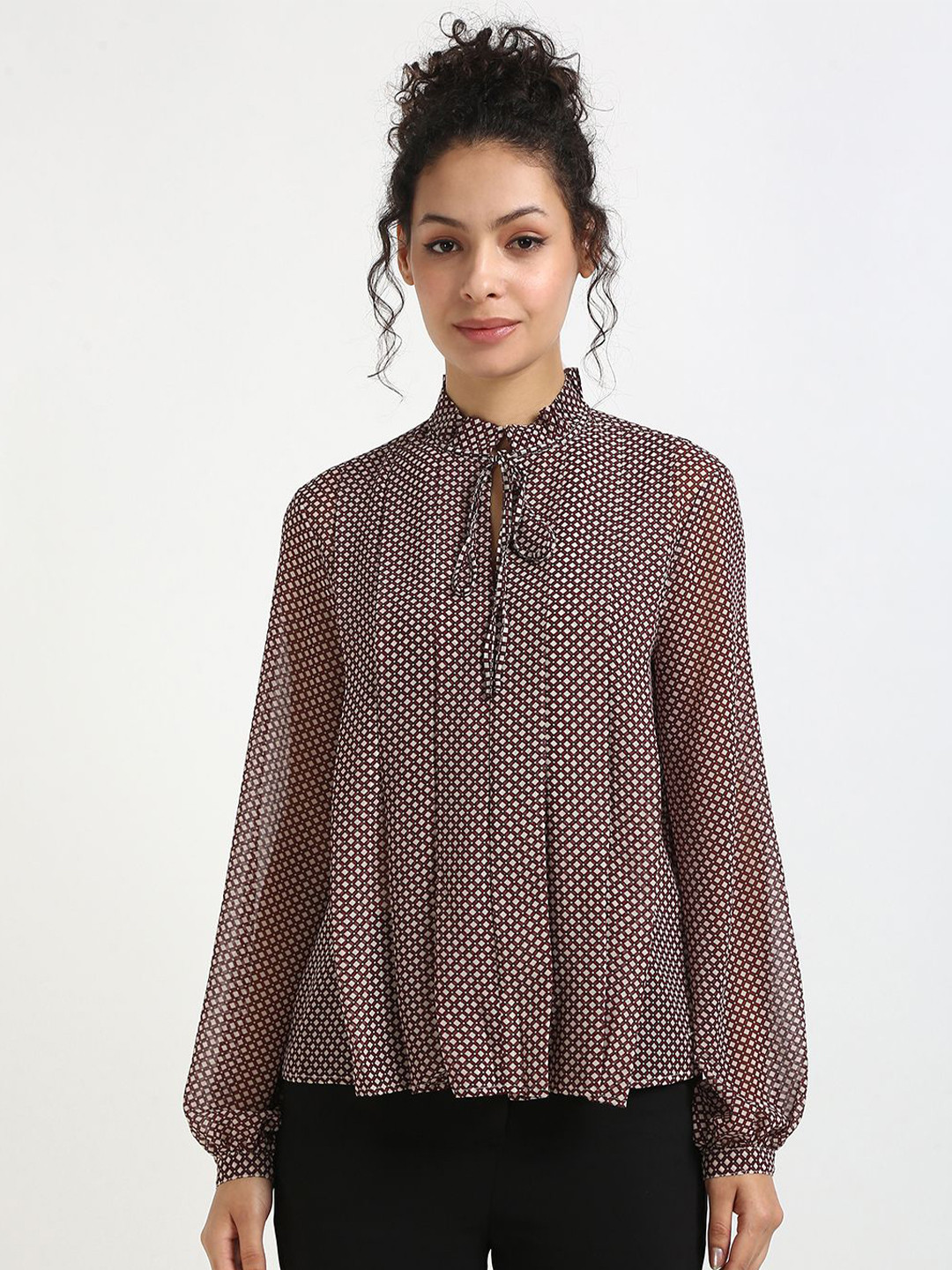 Tommy Hilfiger Women Relaxed Fit Geometric Printed Ruffle Pleat Blouson Top