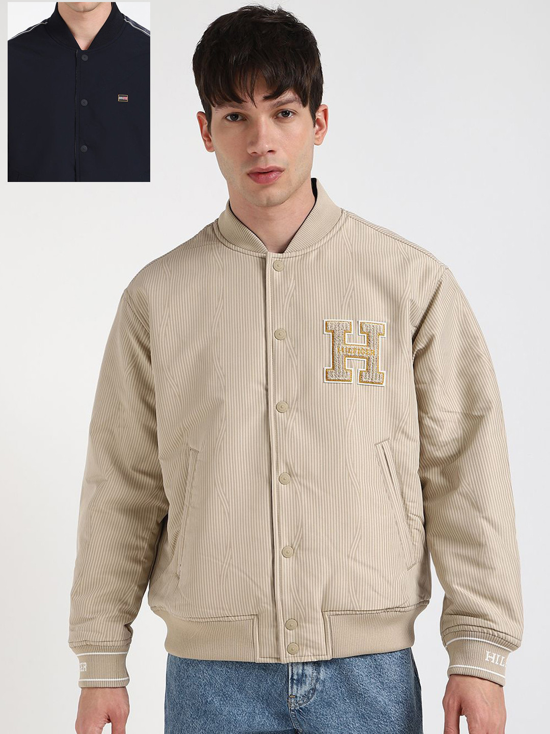 Tommy Hilfiger Men Stand Collar Striped Casual Bomber Reversible Jacket