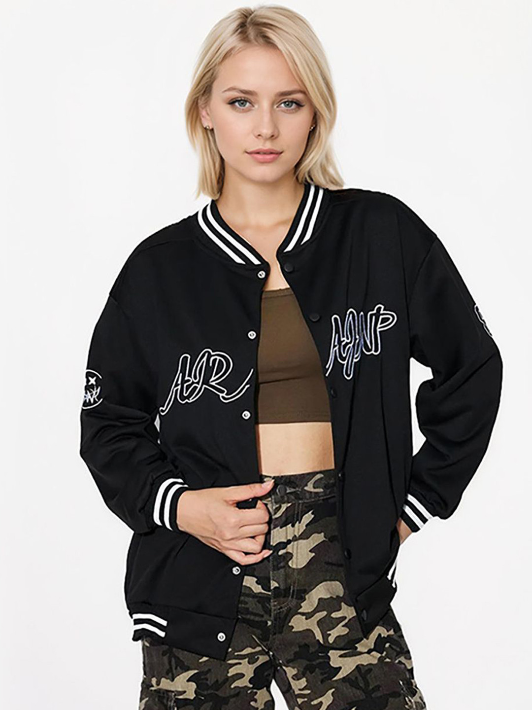 JC Mode Women Stand Collar Typography Printed Casual Varsity Jacket
