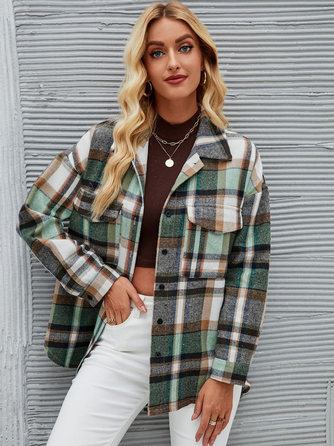 JC Mode Women Checked Spread Collar Oversized Shackets