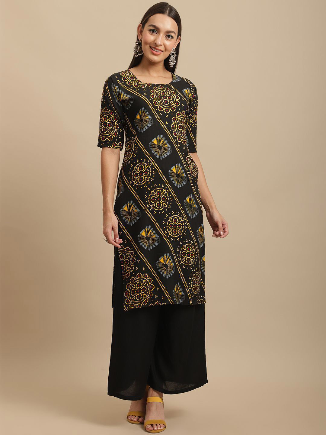 7Threads Bandhani Printed Round Neck Regular Sleeves Machine Weave Straight Kurta