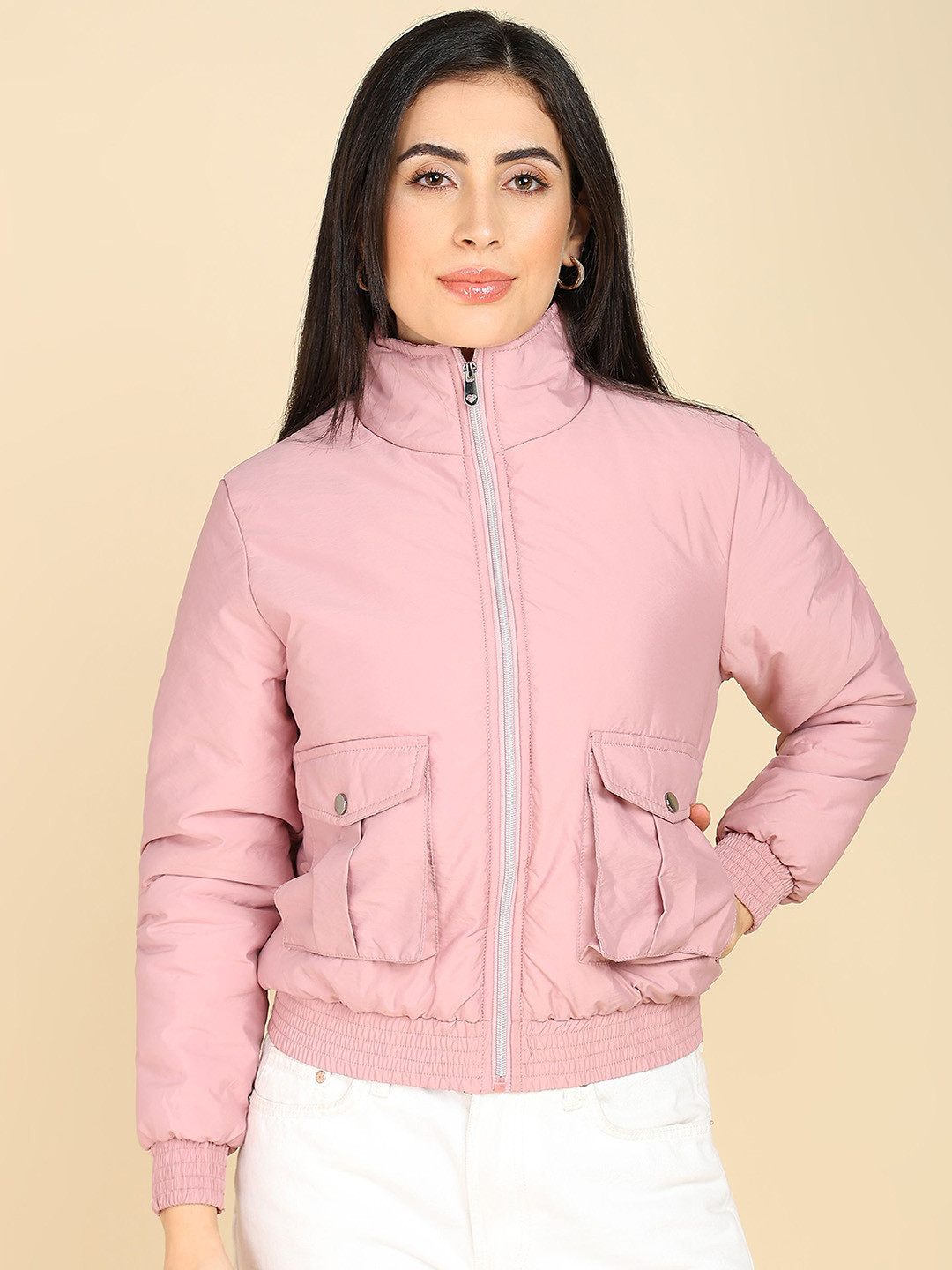 ELLIPSE Women Mock Collar Solid Casual Bomber Jacket