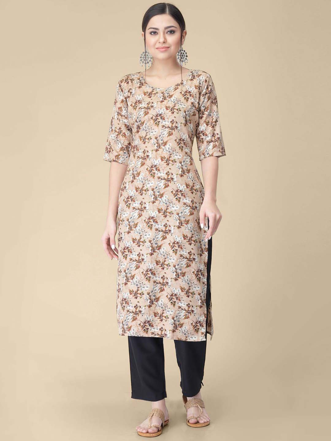 7Threads Floral Printed Round Neck Regular Sleeves Machine Weave Straight Kurta