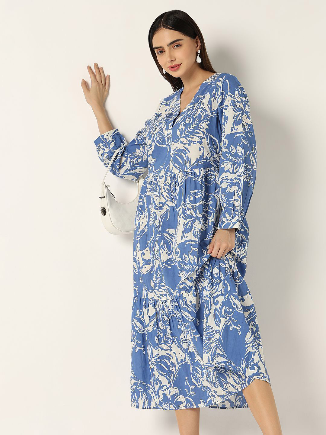 R&B Floral Printed A-Line Cotton Midi Dress