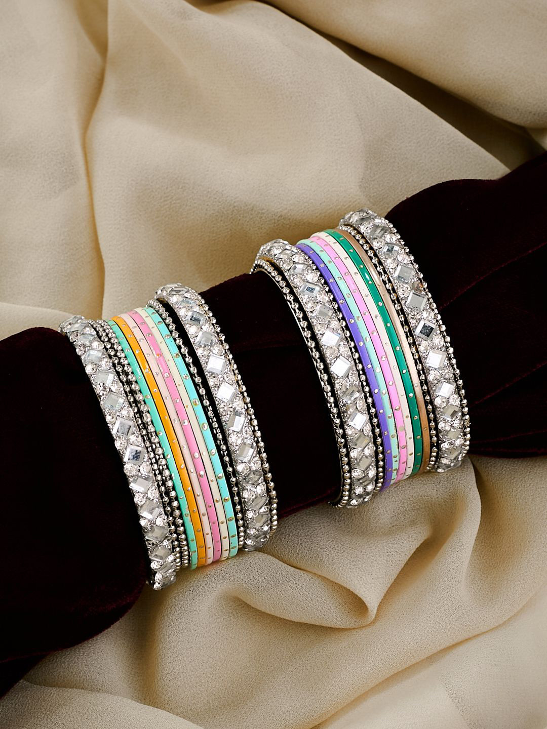 ATIBELLE Set Of 24 Silver Plated Mirror Stones Studded Embellished Bangles