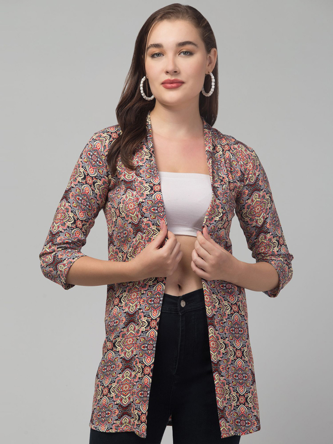 RAYWARE Printed Mandarin Collar Longline Shrug