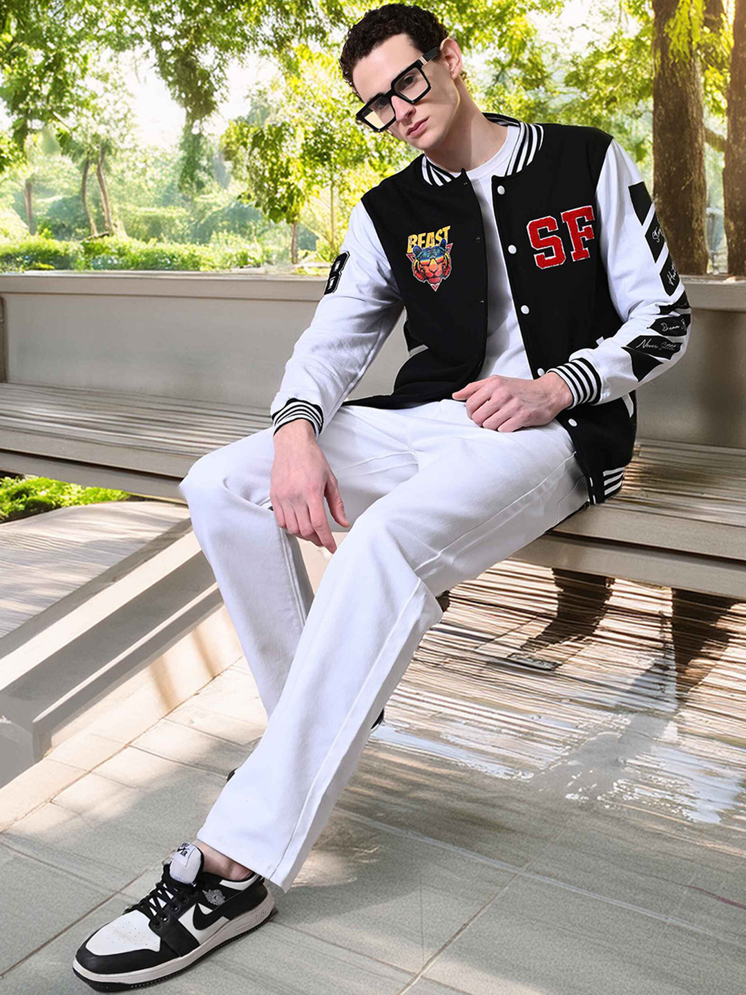 STARFOX Men Stand Collar Typography Printed Fleece Casual Varsity Lightweight Jacket