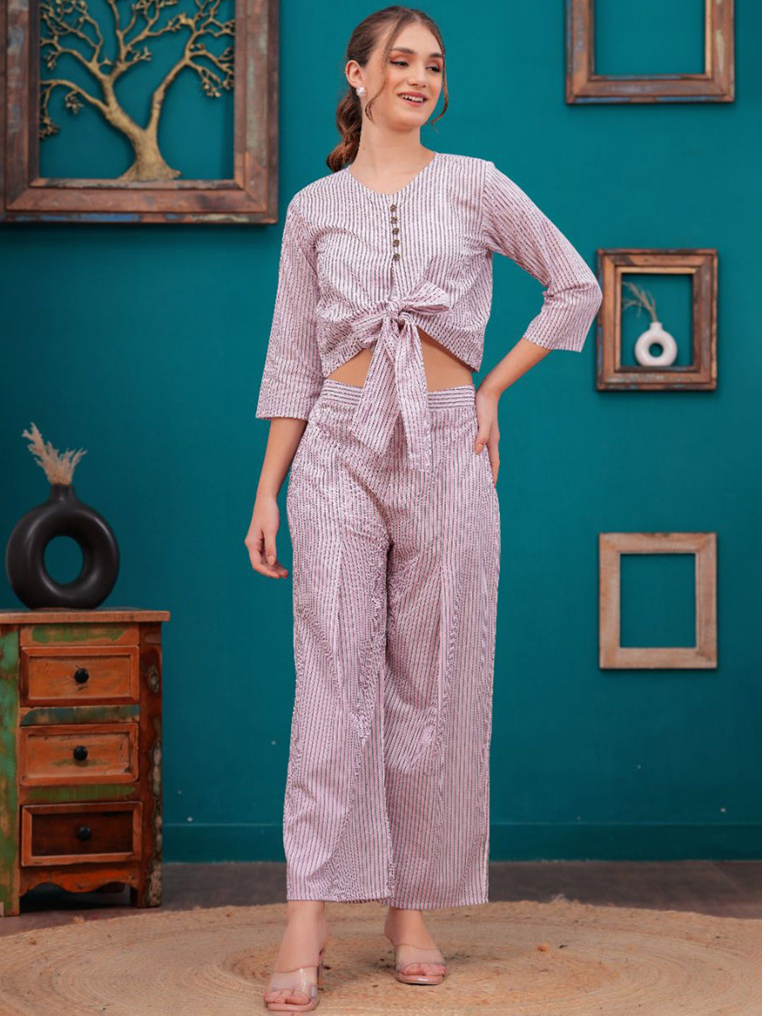 HIGHLIGHT FASHION EXPORT Striped V-Neck Three-Quarter Sleeves Pure Cotton Top & Palazzo