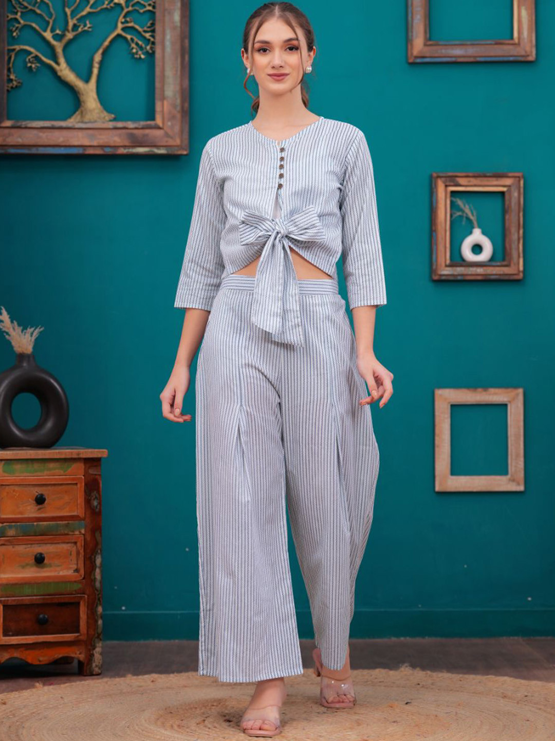 HIGHLIGHT FASHION EXPORT Striped V-Neck Three-Quarter Sleeves Pure Cotton Top & Palazzo