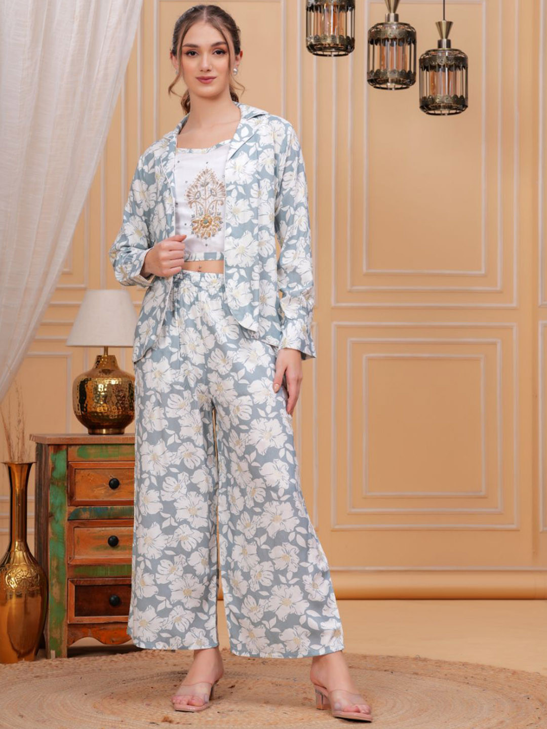 HIGHLIGHT FASHION EXPORT Embellished V-Neck Pure Cotton Top & Palazzo With Jacket