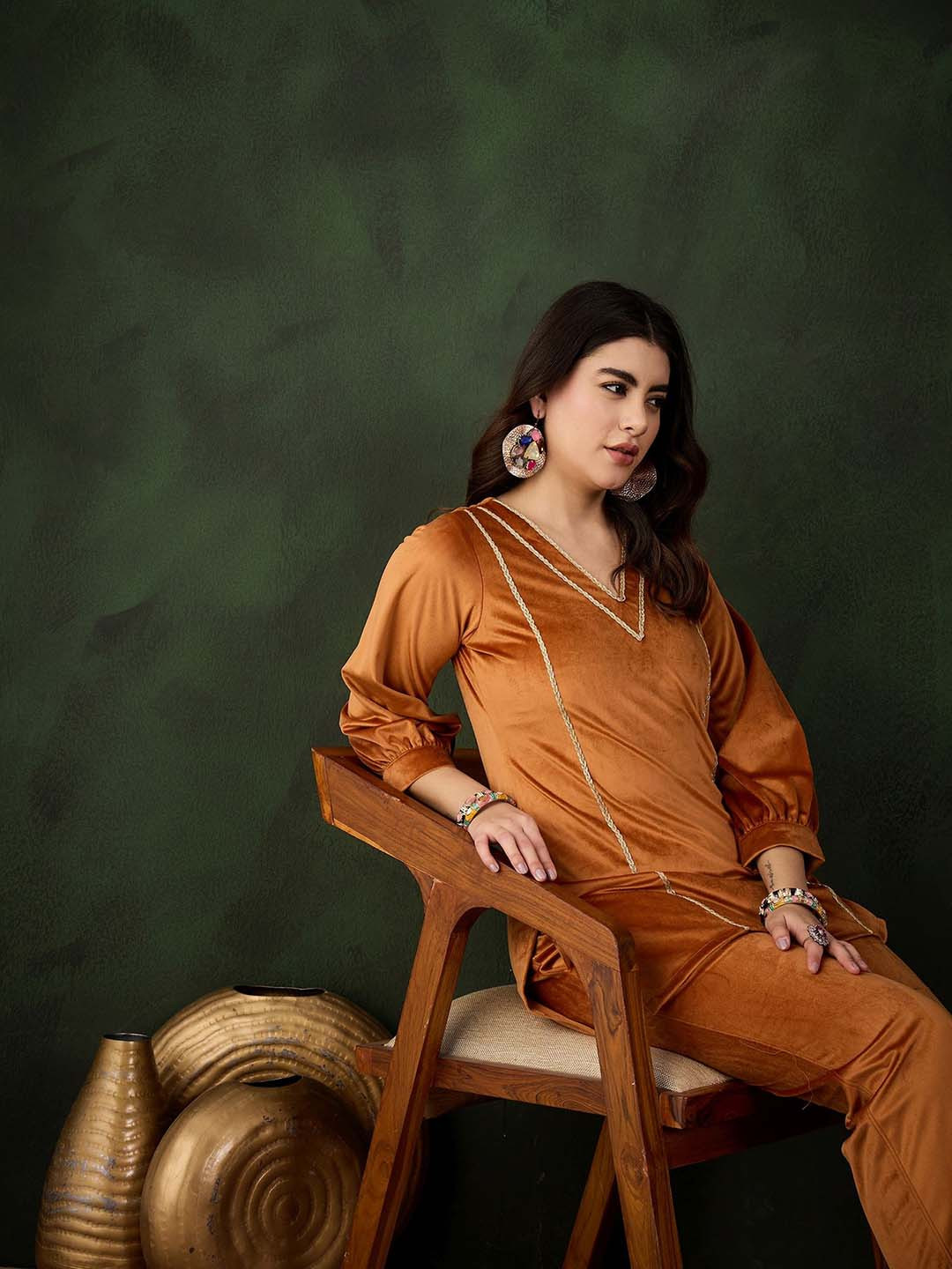 Sangria Velvet V-Neck Winter Tunic & Trouser