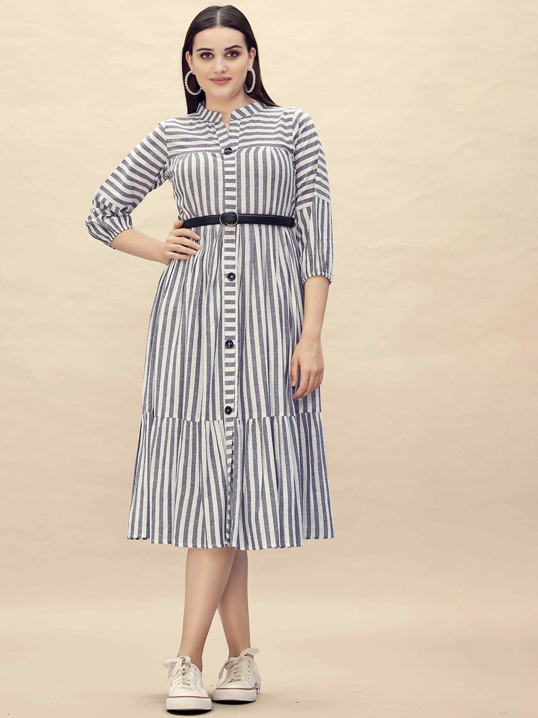 Glomee Women Pure Cotton Striped A-line Midi Dress With Belt