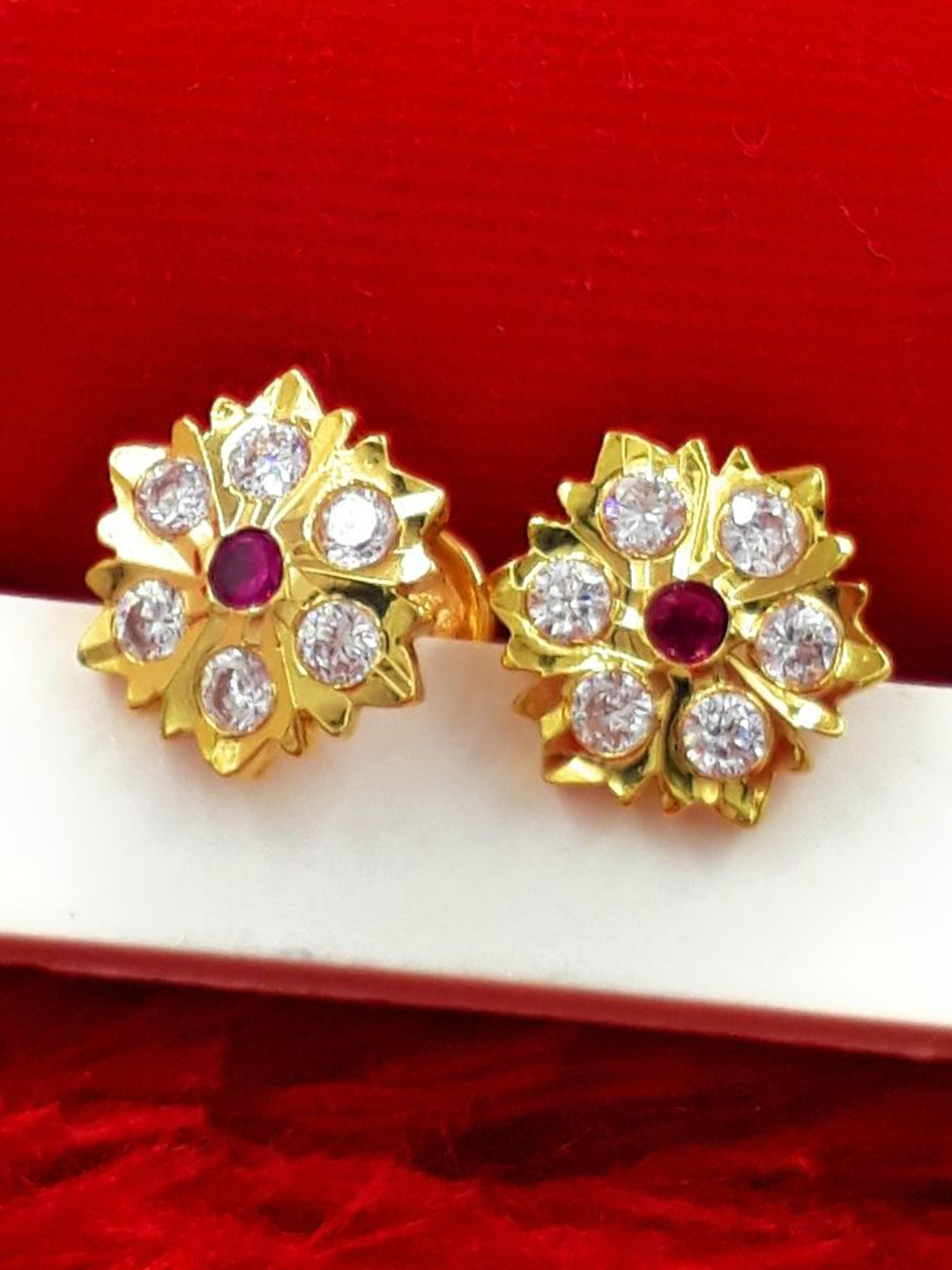 Anujeet Fashion Hub Gold Plated AD Studded Floral Shaped Studs