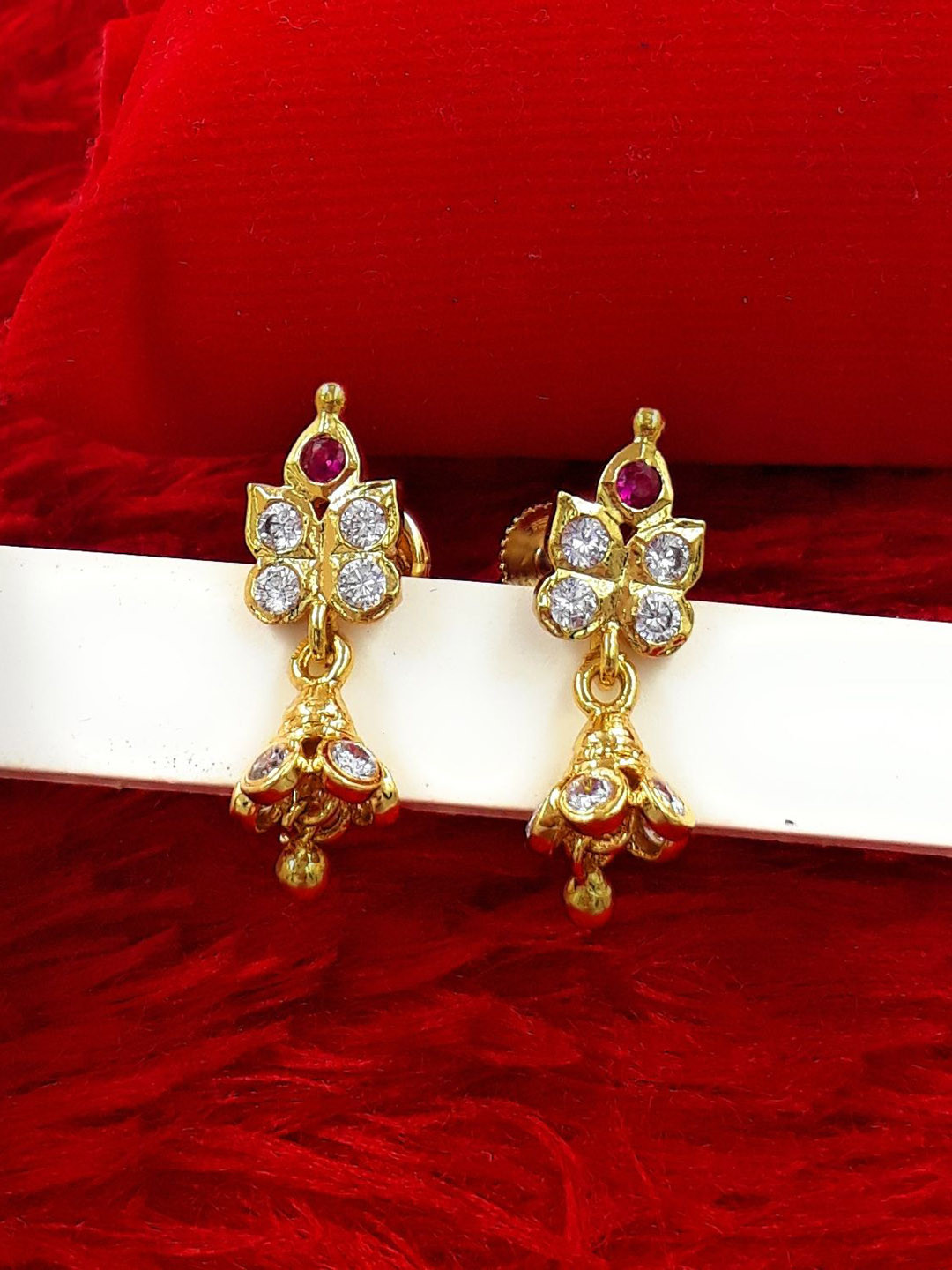 Anujeet Fashion Hub Gold-Plated American Diamond Studded Contemporary Drop Earrings