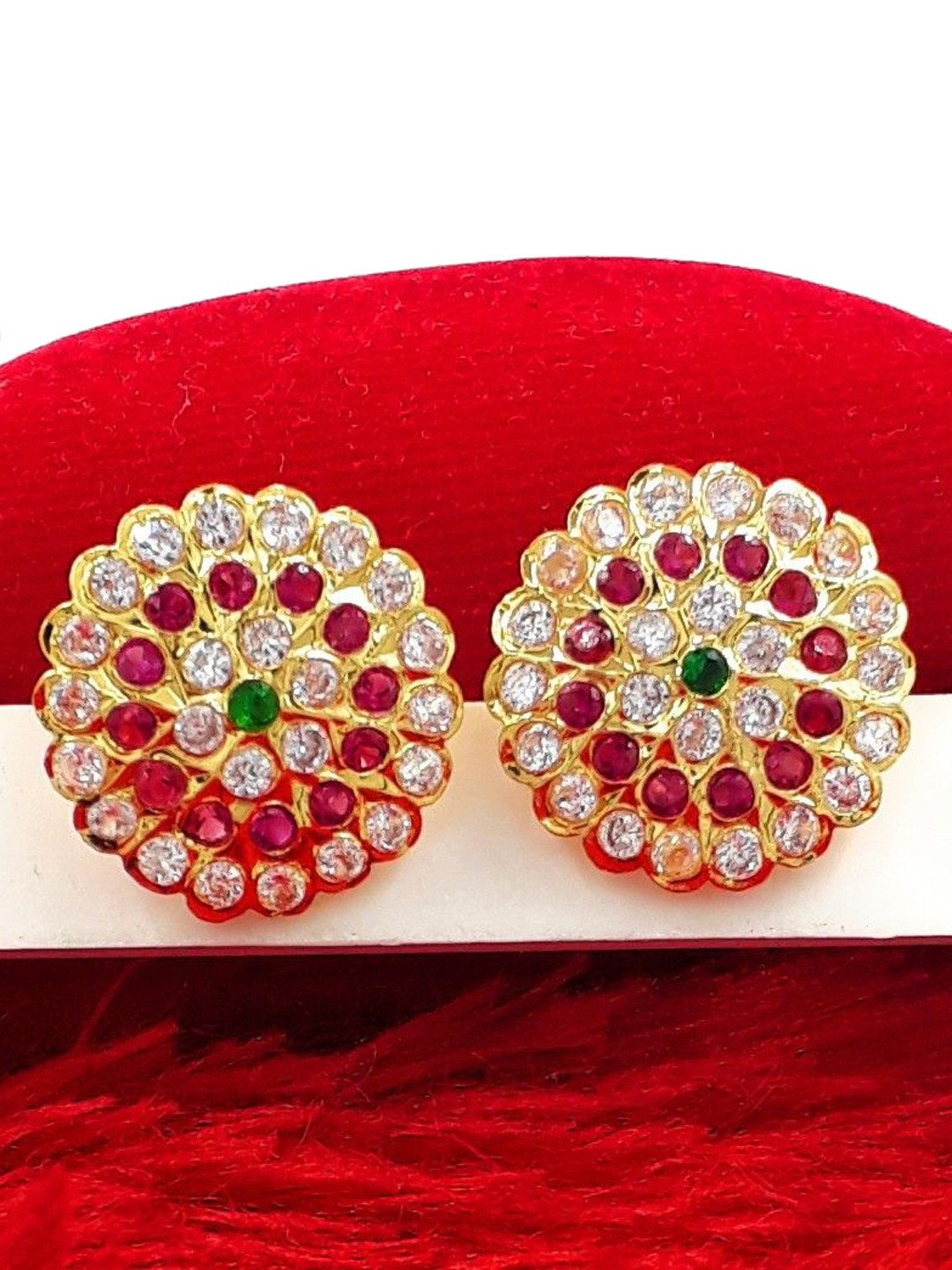 Anujeet Fashion Hub Gold-Plated American Daimond Stones Studded Floral Shaped Studs