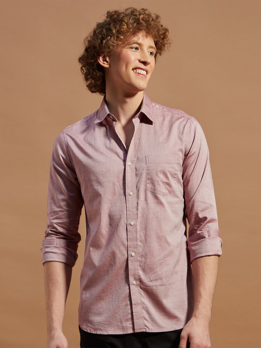 THINC Men Spread Collar Solid Cotton Casual Shirt