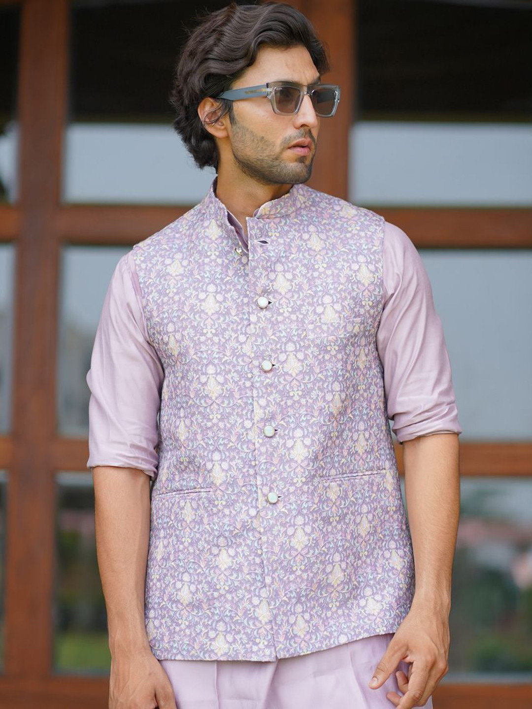 The Kurta Studio Mandarin Collar Straight Kurta With Pyjama Exclusive Floral Jacket