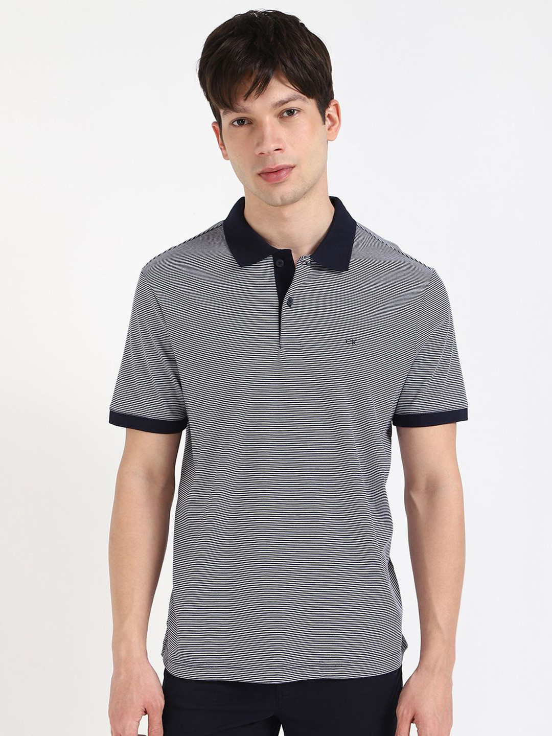 Calvin Klein Jeans Men LIQUID TOUCH Striped Polo Collar Cotton T-shirt