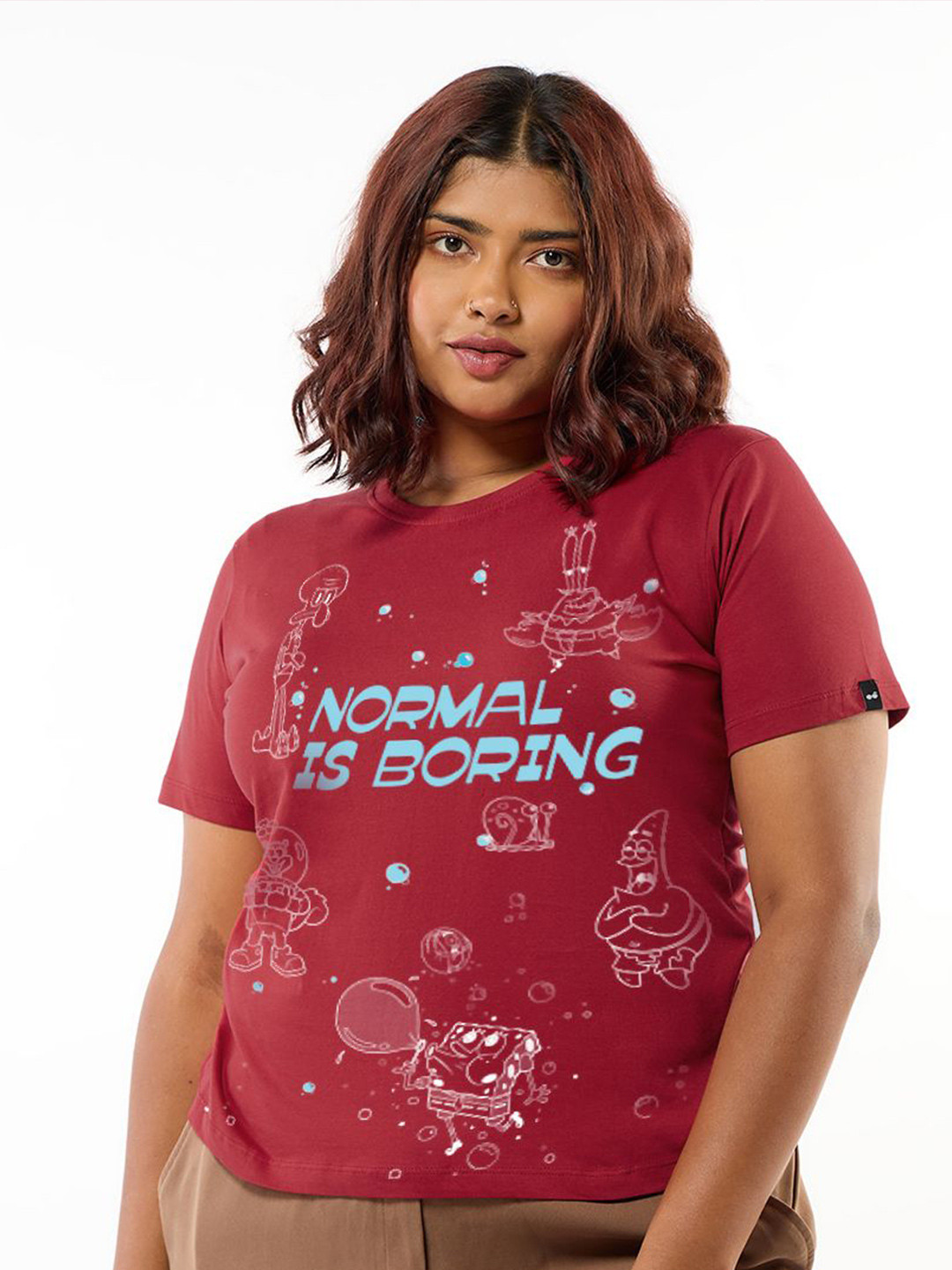 Bewakoof Plus Women Typography Printed Round Neck Cotton Spongebob T-shirt