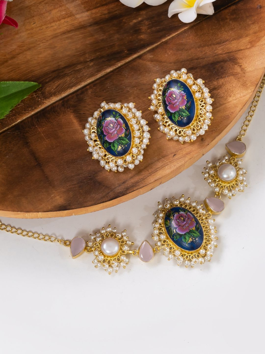 PUTSTYLE Gold-Plated Stone Studded & Beaded Designer Rose Necklace and Earrings