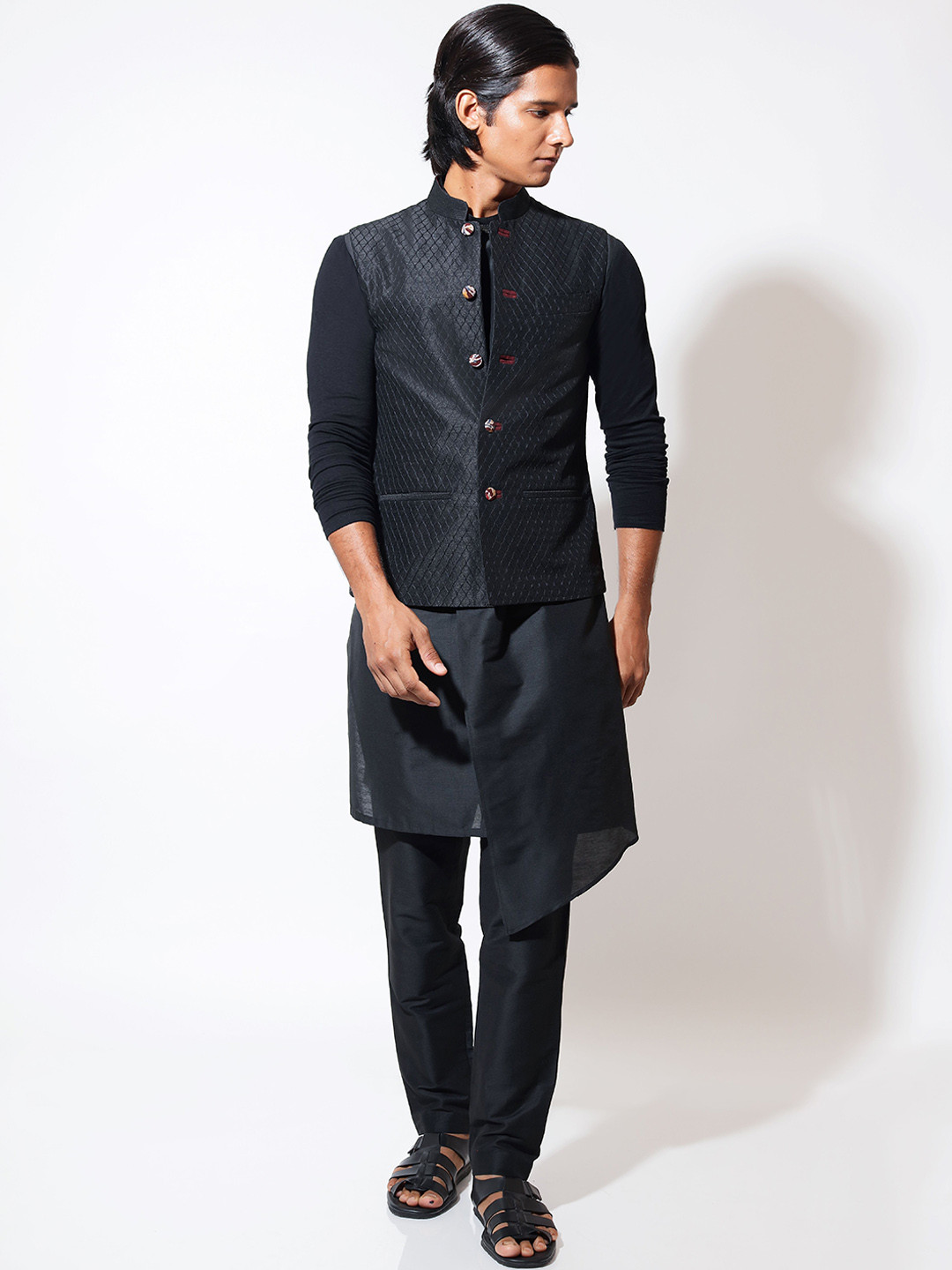 VIVEK KARUNAKARAN  Mandarin Collar Straight Kurta With Churidar And Nehru Jacket