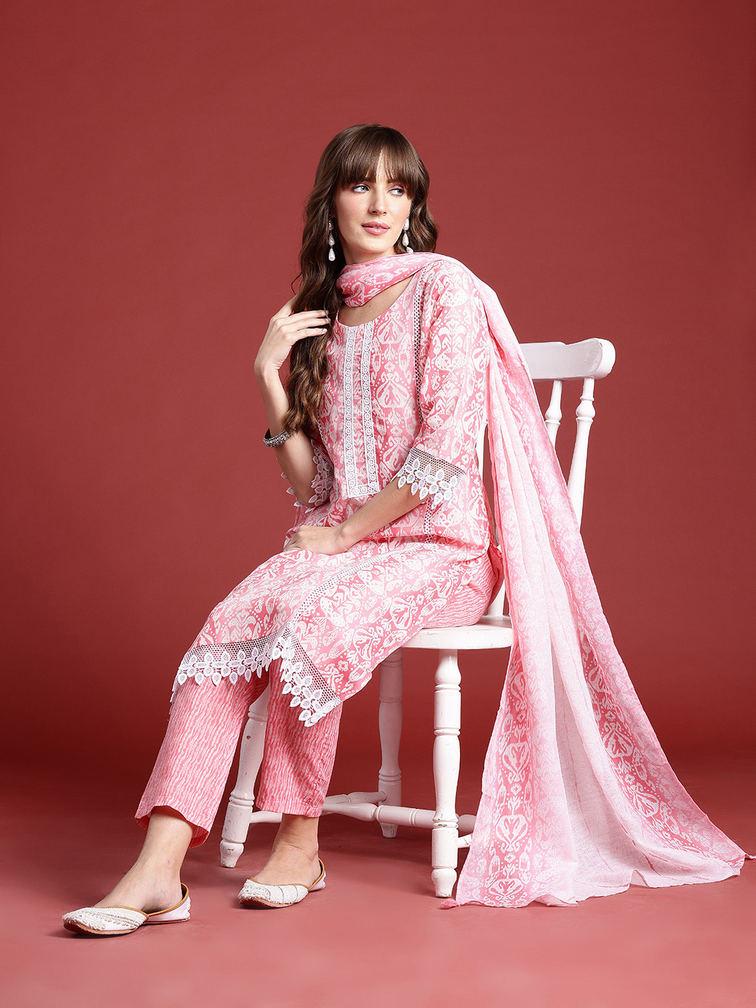 Anouk Ethnic Motifs Printed Lace Inserts Kurta with Trousers & With Dupatta
