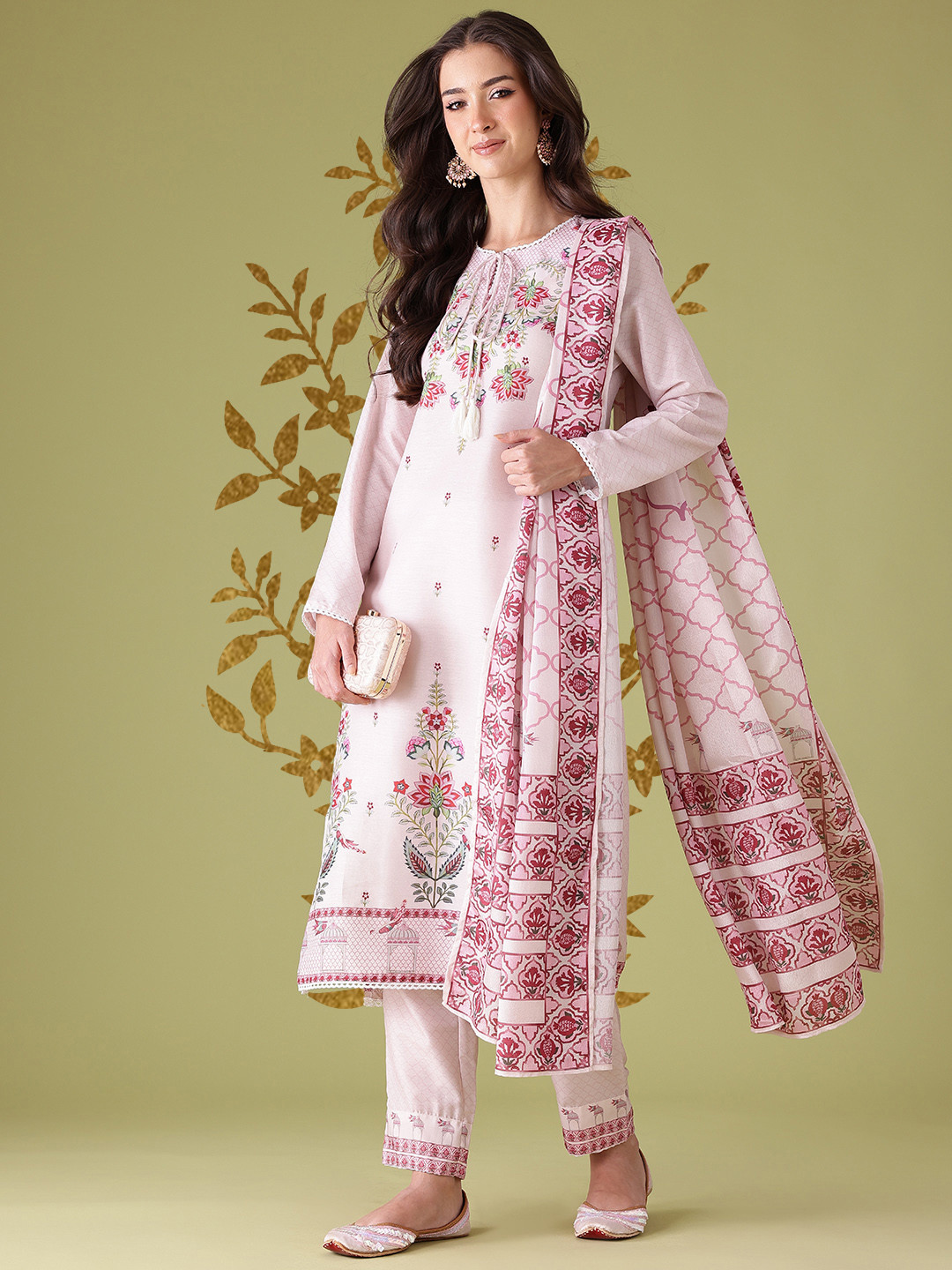 Anouk Floral Print Tie-Up Neck Lace Insert Kurta Set