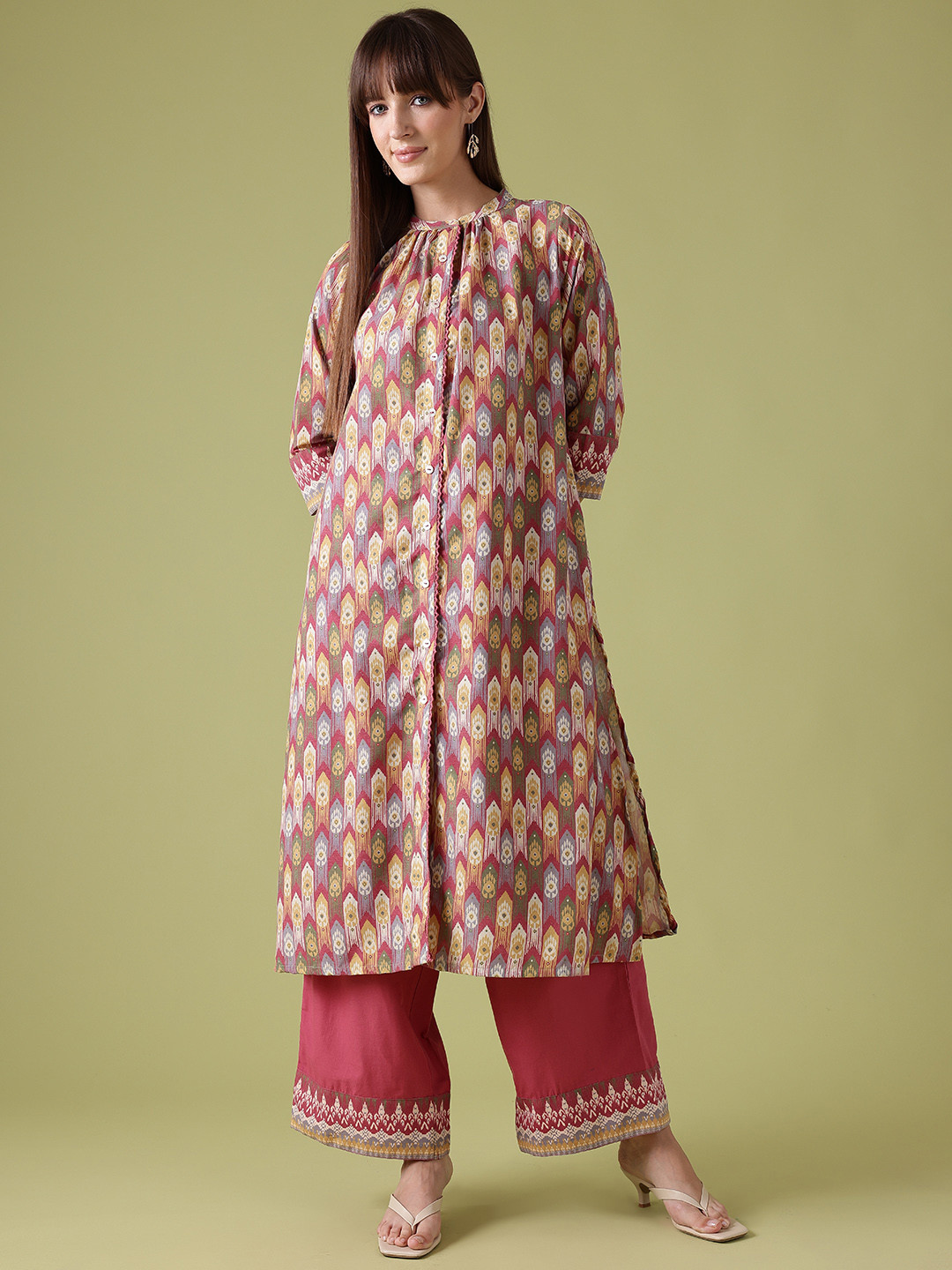 Anouk Printed Pleated Lace Inserts Kurta with Palazzos