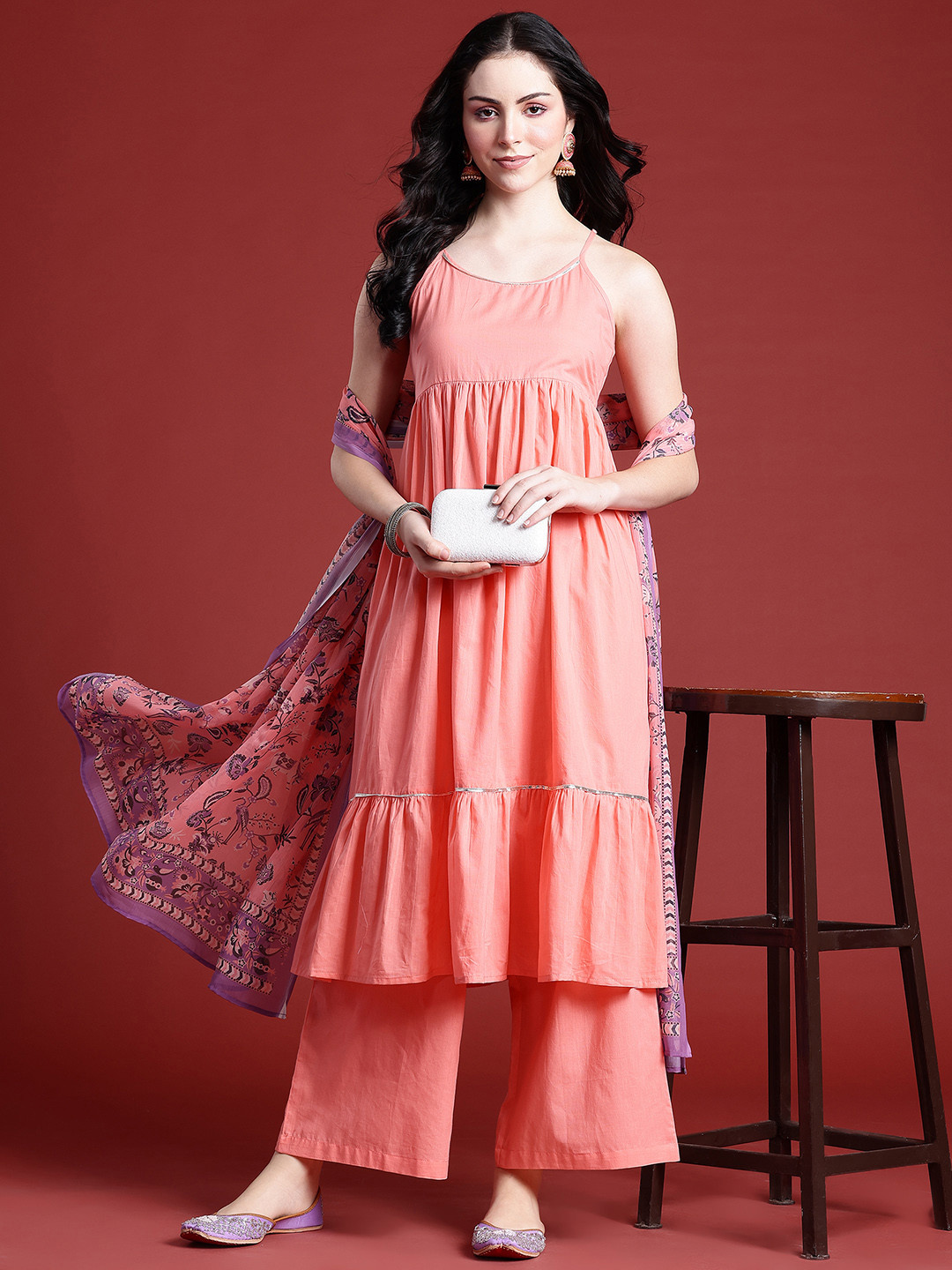 Anouk Halter Neck Gotta Patti Pure Cotton Fusion Kurta with Trousers & With Dupatta
