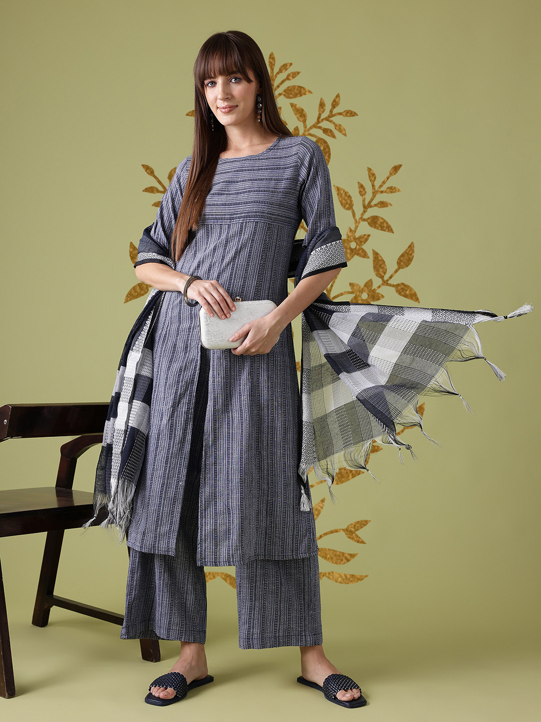 Anouk High-Slit Striped Kurta with Palazzos & Dupatta