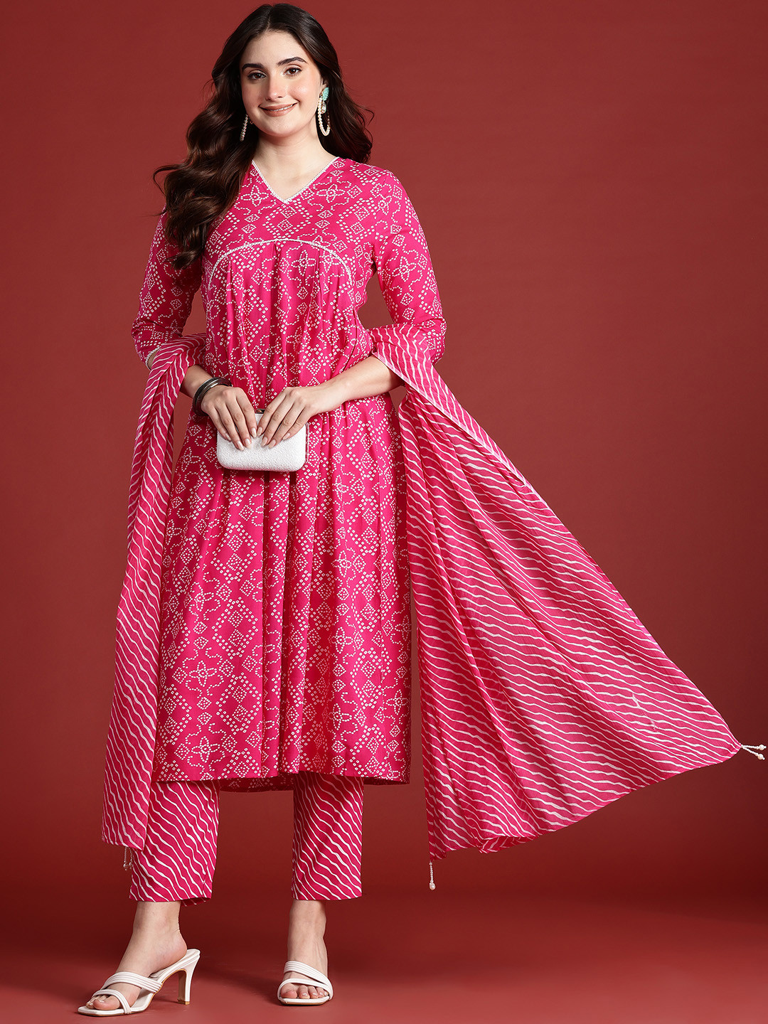Anouk Bandhani Print Kurta with Trousers & Dupatta