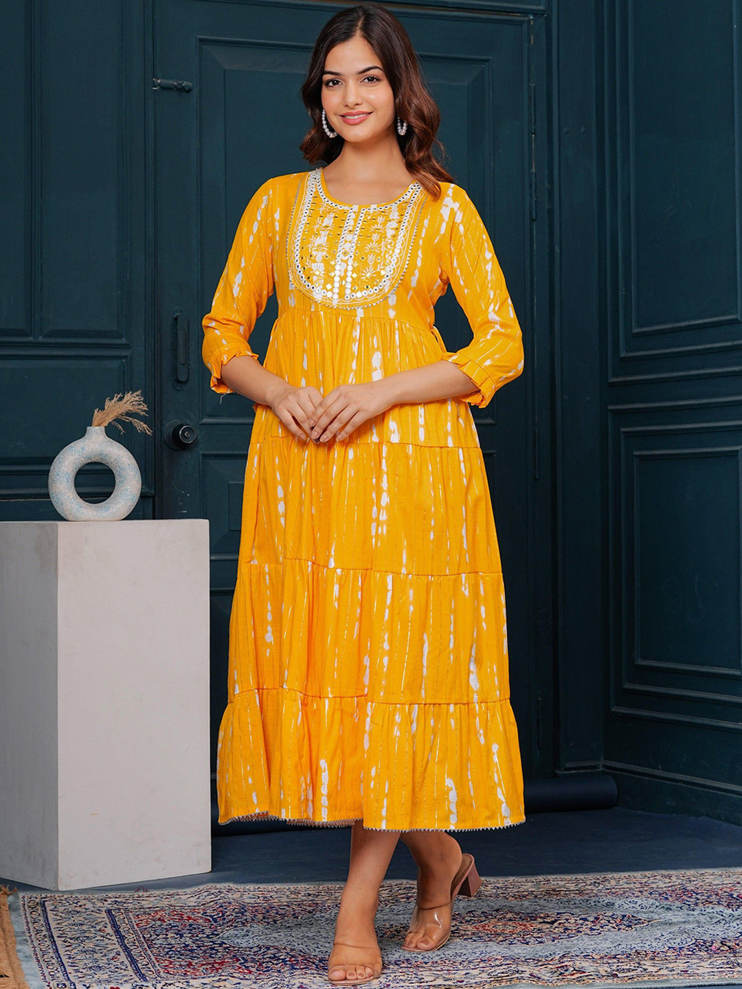 BABA KURTI Ethnic Motifs Printed Mirror Work A-Line Ethnic Dress