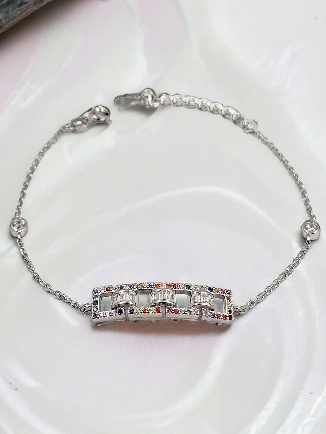 AMONROO 925 Sterling Silver Cubic Zirconia Rhodium-Plated Link Bracelet