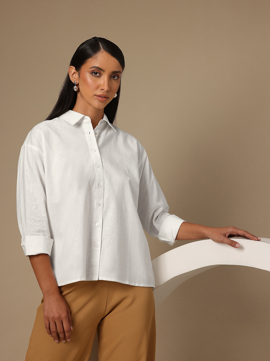 Chemistry Solid Relaxed Drop Shoulder Sleeve Linen Blend Oversized Casual Shirt