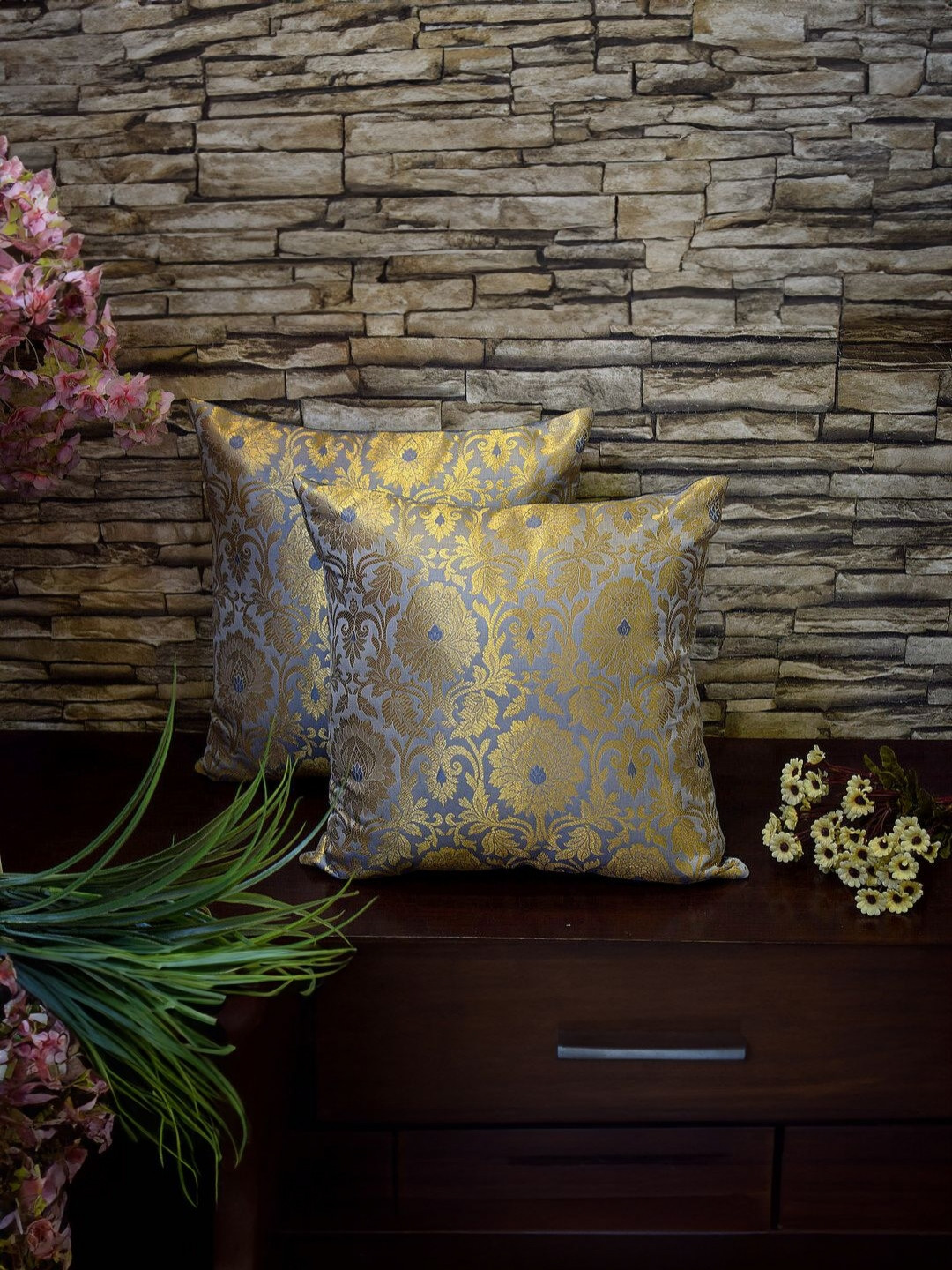 RoyalDeco Grey Ethnic Motifs Brocade Washable 2 Zari Square Cushion Covers -16x16In