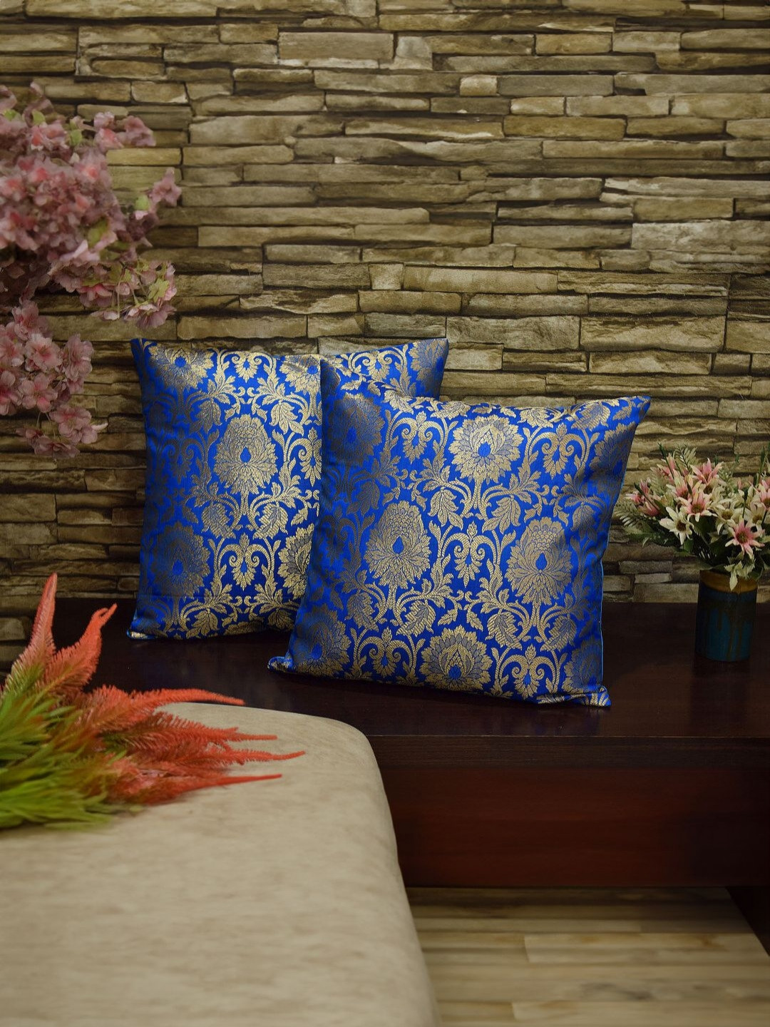 RoyalDeco Turquoise Blue 2 Pieces Ethnic Motifs Zari Brocade Silk Square Cushion Covers