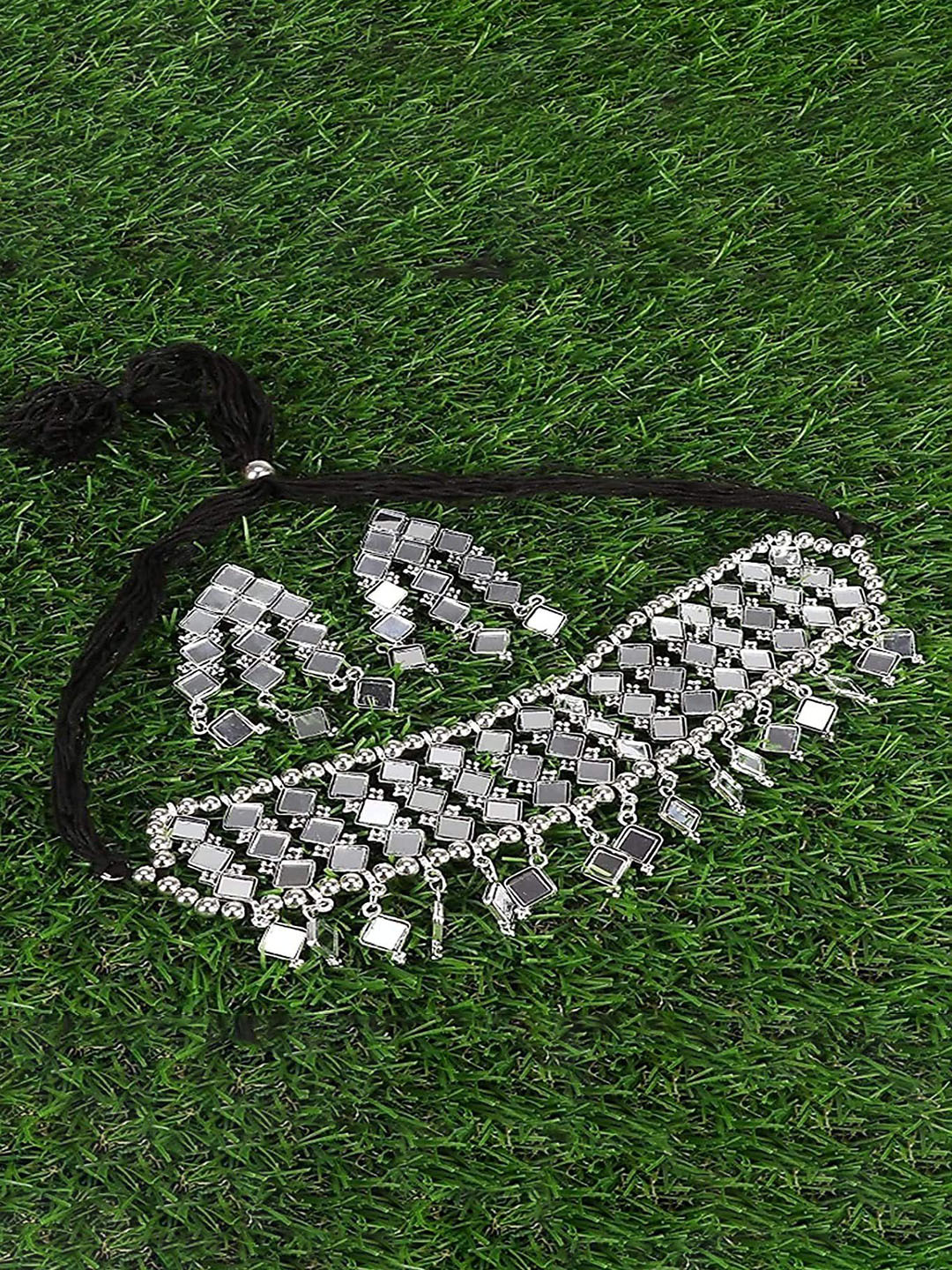 DEGHLAM Silver Plated Mirror Studded Oxidised Choker Necklace With Earrings
