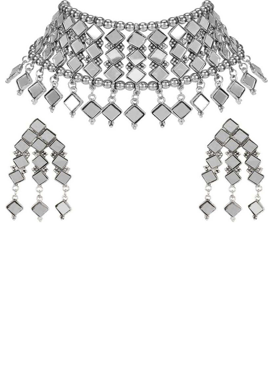 DEGHLAM Women Silver Plated Mirror Work Necklace & Earrings