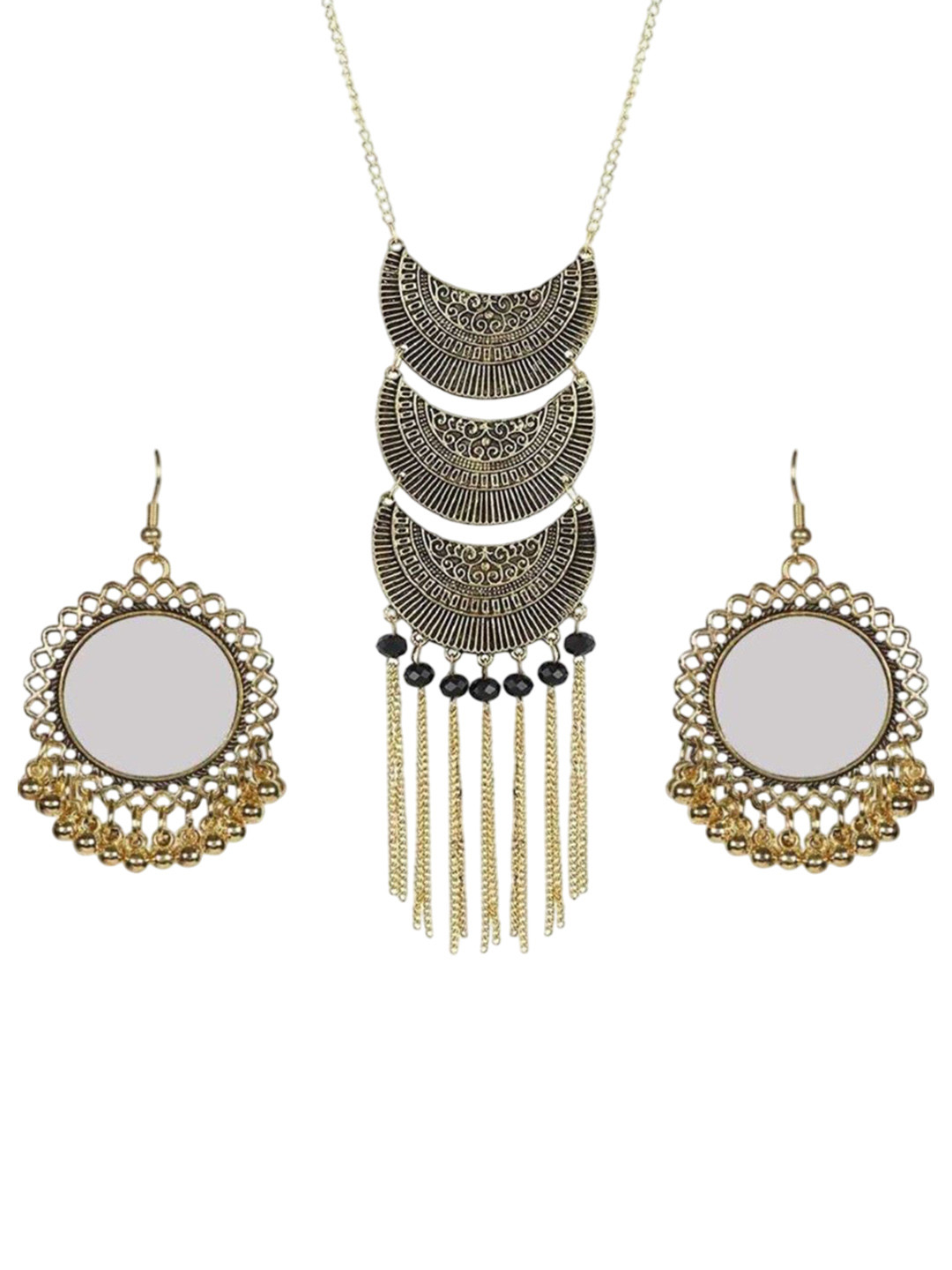 DEGHLAM Gold Plated Artificial Beaded & Mirror Detailed Necklace With Earrings