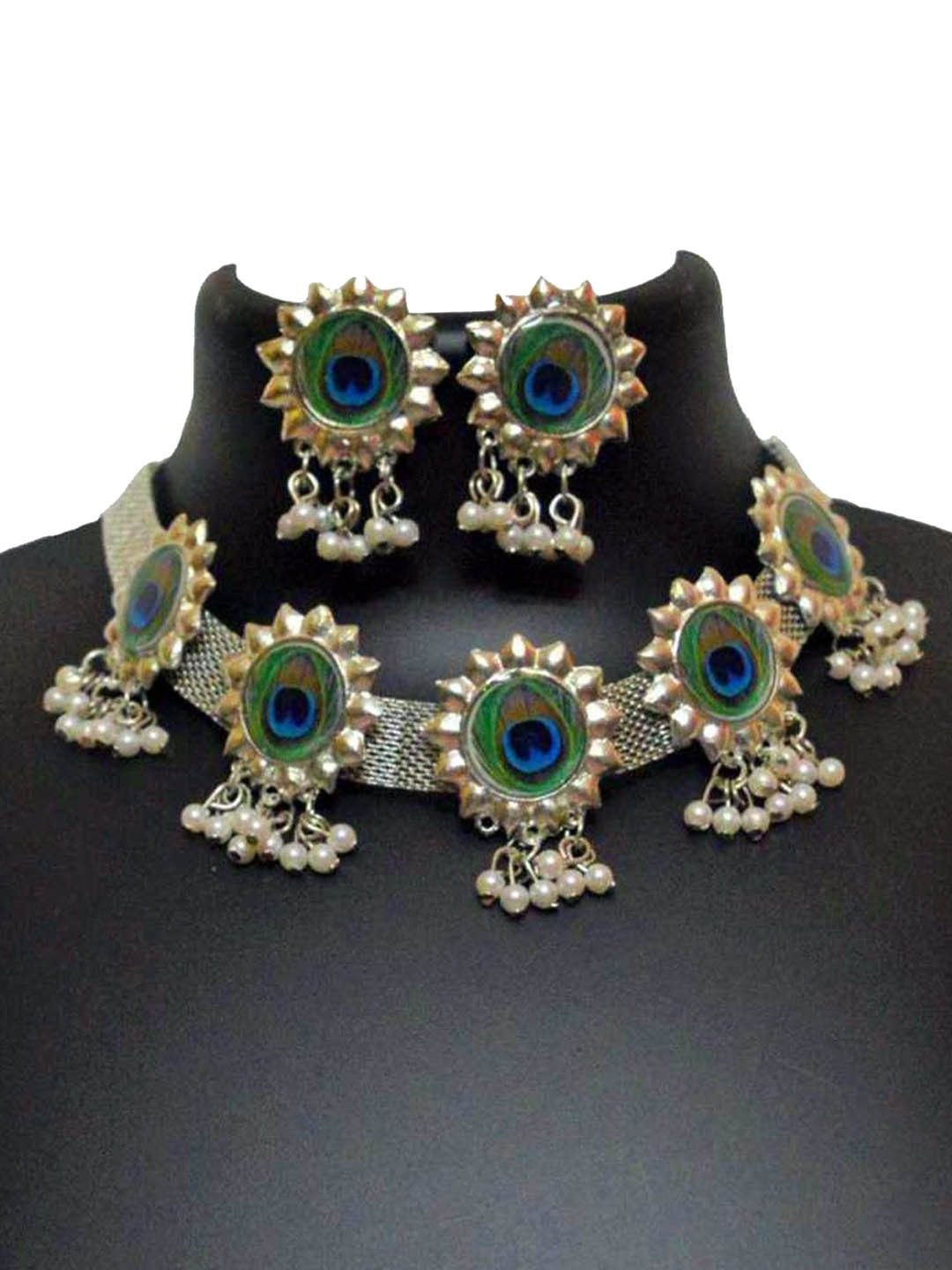 DEGHLAM Silver Plated Beaded Peacock Feather Jewellery Set
