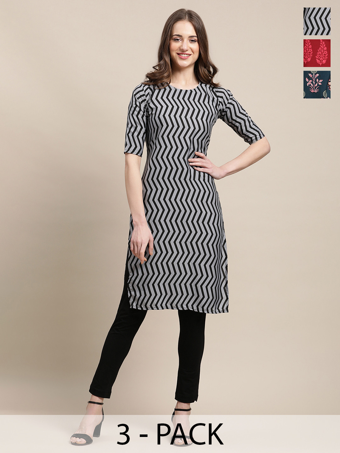 7Threads Selection Of 4  Chevron Printed Round Neck Straight Kurtas